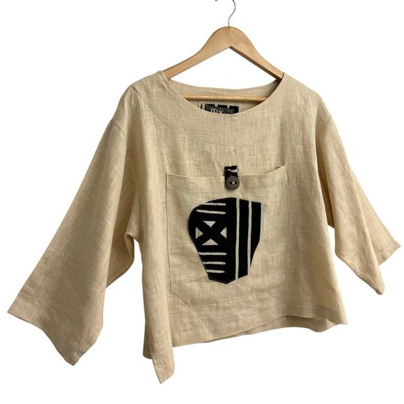 Joy Burton My Tribe Linen Boxy Top Abstract Tribal Pocket Women’s Medium Artsy - Picture 2 of 7